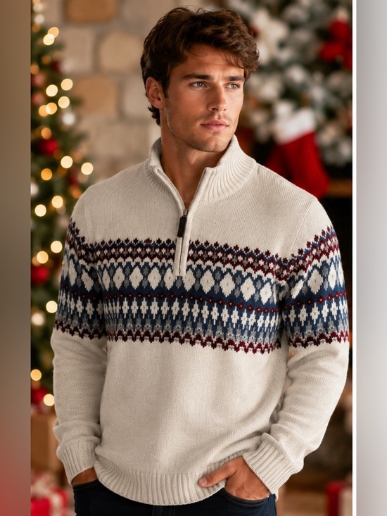 Izod Other - Izod Cream Fair Isle Quarter-Zip Sweater with Navy & Burgundy Pattern